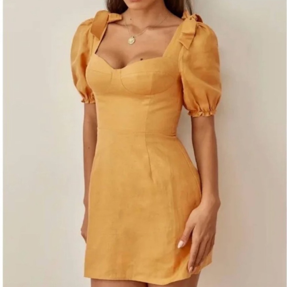Reformation Yellow Ochre Spring Bow Sleeve Linen Mini Dress SIZE 6